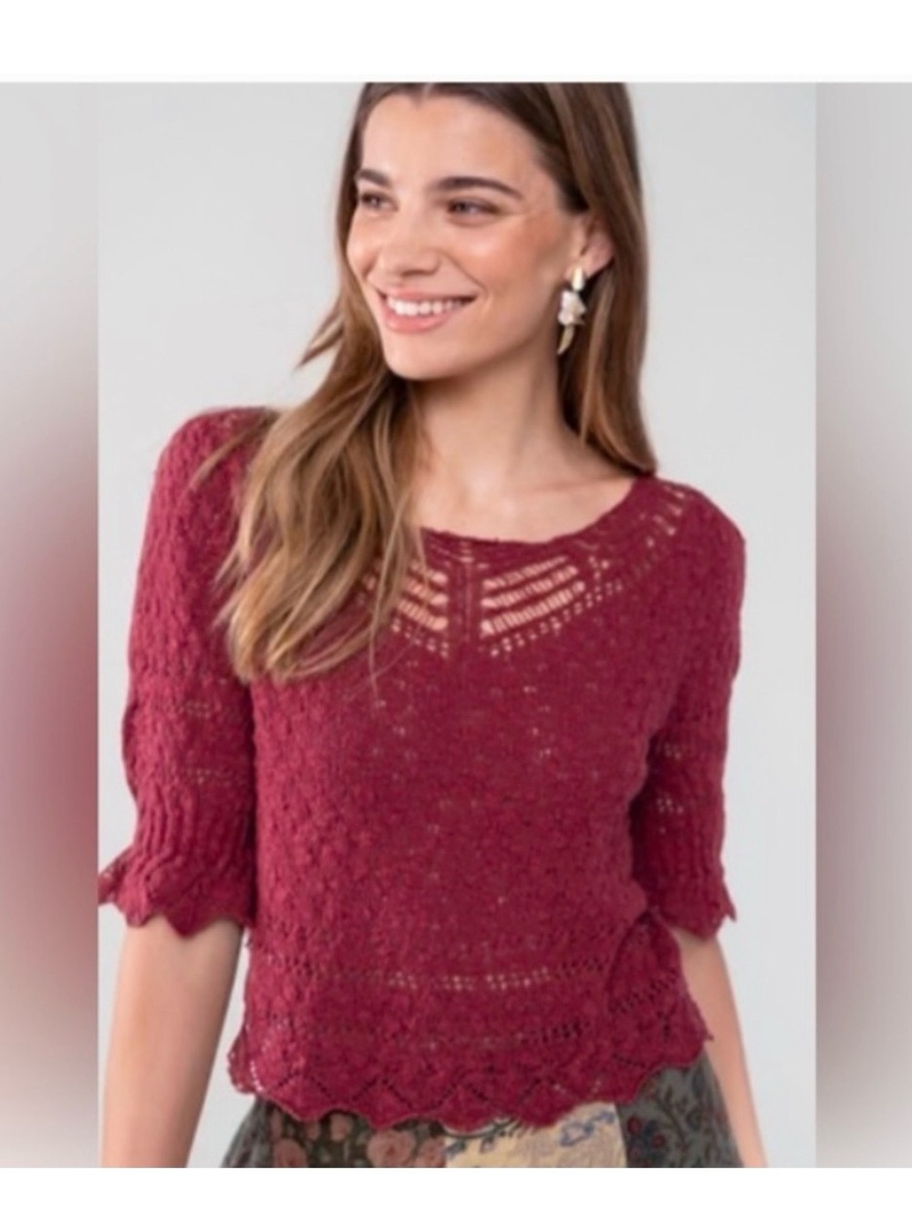NATURAL LIFE Burgundy Crochet Scoop Neck Sweater Size M